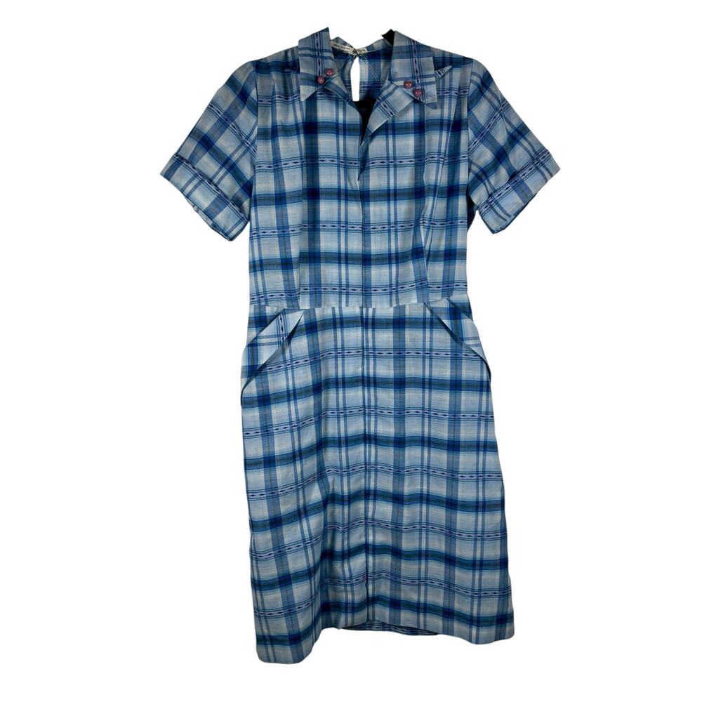 Vtg 1950s Jessie Wieland Blue Plaid Cotton Shirtwaist Dress Open Back Pop-Over